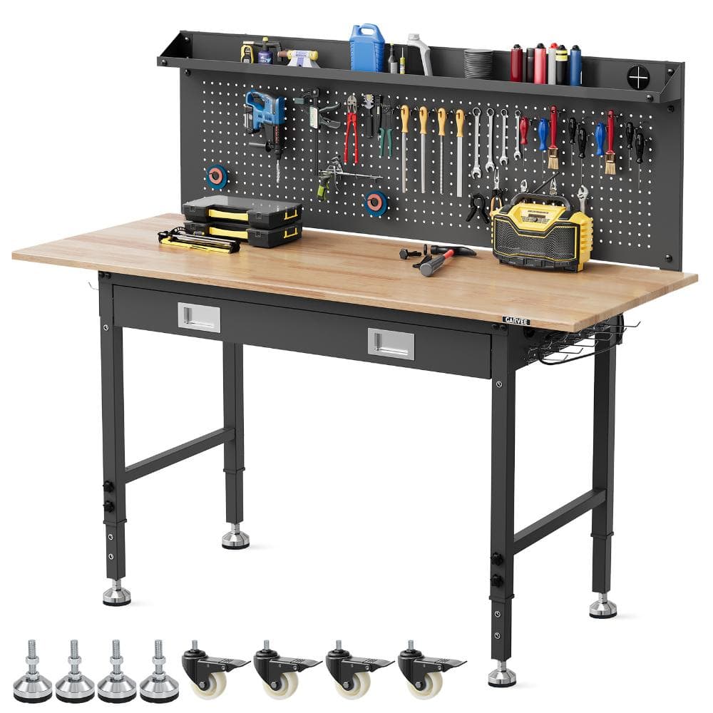 "60"" Adjustable Height Heavy Duty Workbench with Drawer, Pegboard, Power Outlets, All-Purpose Wheels for Garage,Workshop" price history on PriceWatchPro