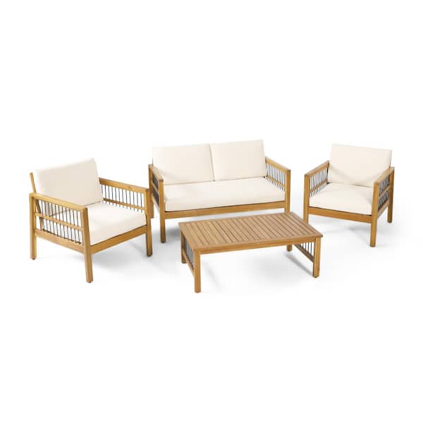 Noble House Bennion Teak 4-Piece Wood Outdoor Patio Conversation Set with Beige Cushions