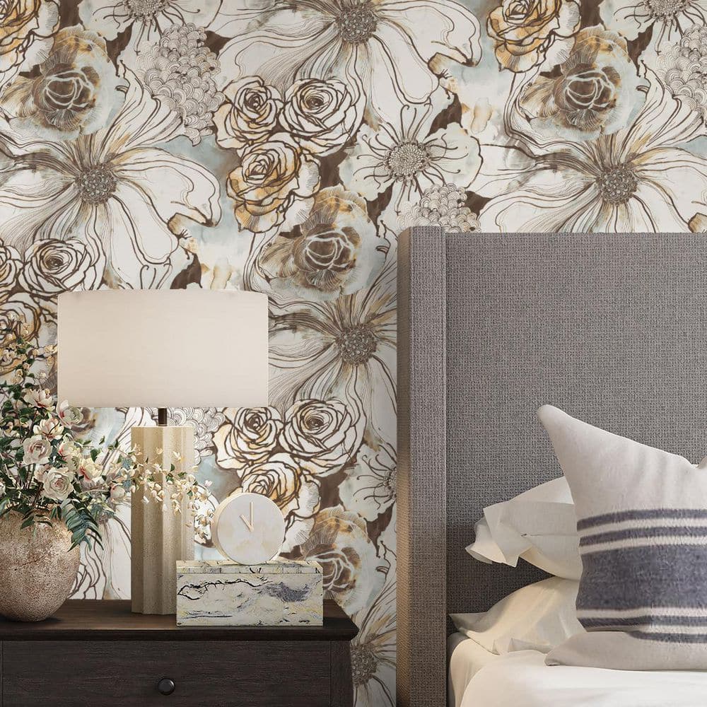 Mocha and Blue Mist Floral Vinyl Peel and Stick Wallpaper