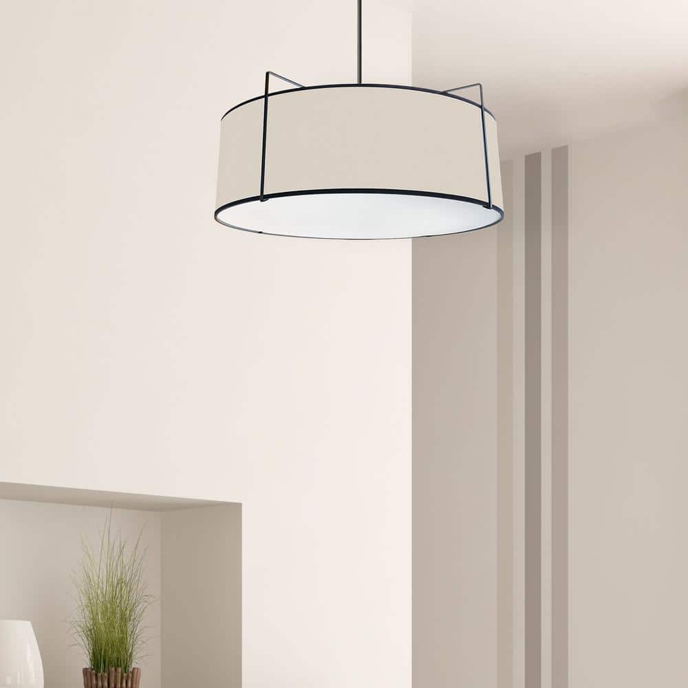 Modern Black Drum Pendant Light with White Shade