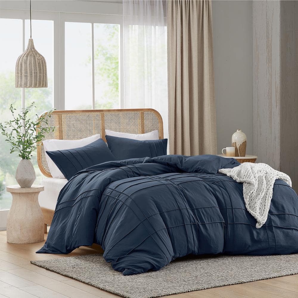 Navy Queen Microfiber Pleated Duvet Cover Set with Shams