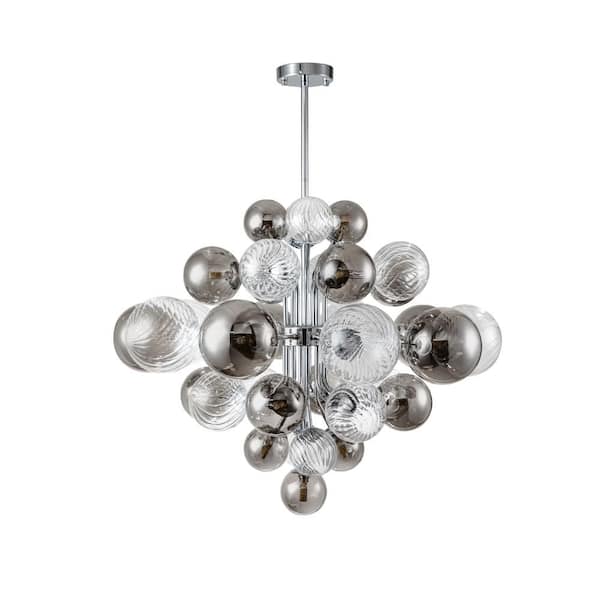Tauvy 18-Light Polished Chrome Bubble Sputnik Cluster Large Chandelier with Smoky Glass and Twisted Glass Shadeds