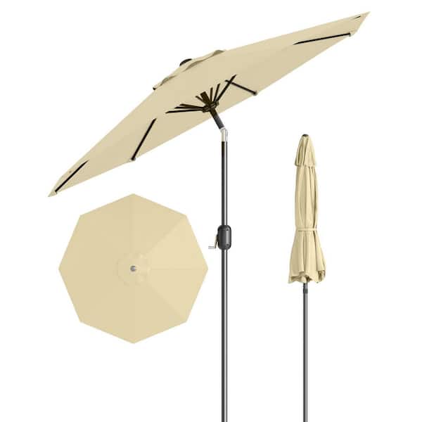 Round 9 ft. Iron Cantilever Market Tilt Patio Umbrella in Beige Neutral