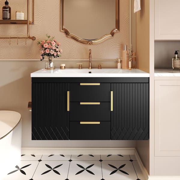 36 in. Single Sink Floating Black Bath Vanity with White Resin Top, 2 Drawers and 2 Cabinets, Smooth Slide Rail