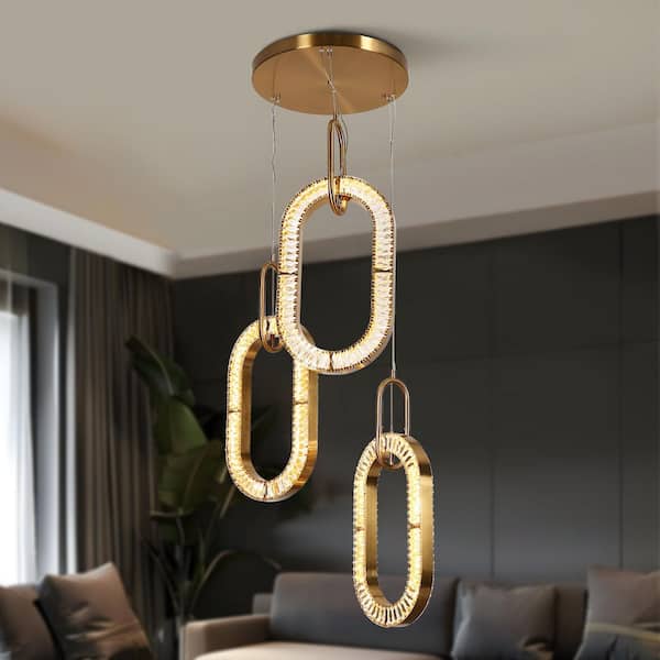 Verbena 3-Light Integrated LED Plated Brass Crystal Oval Ring Chandelier Dimmable Entryway Foyer Staircase Pendant Light