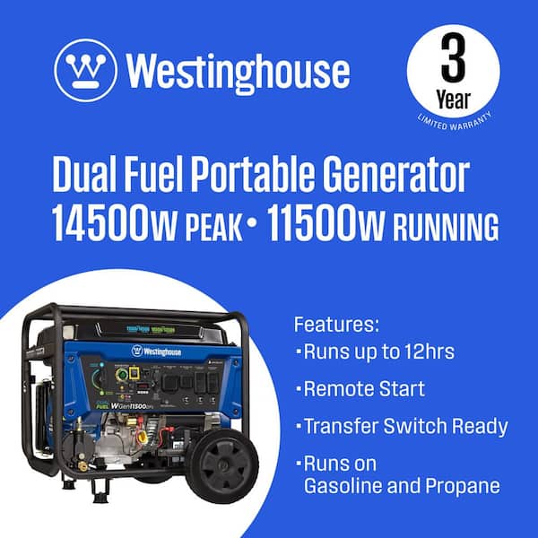 14,500-Watt/11,500-Watt Remote Start Dual Fuel Gas and Propane Portable Generator with Transfer Switch Outlet, CO Sensor
