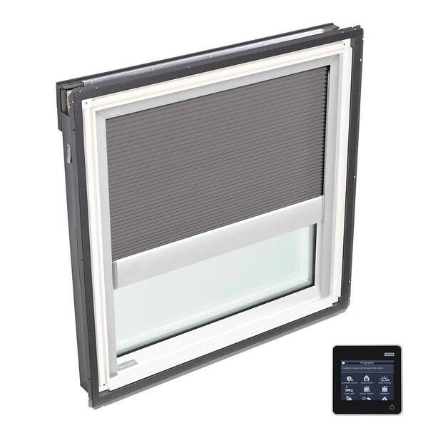 VELUX 44-1/4 in. x 45-3/4 in. Fixed Deck-Mount Skylight with Tempered Low-E3 Glass and Grey Solar Powered Room Darkening Blind