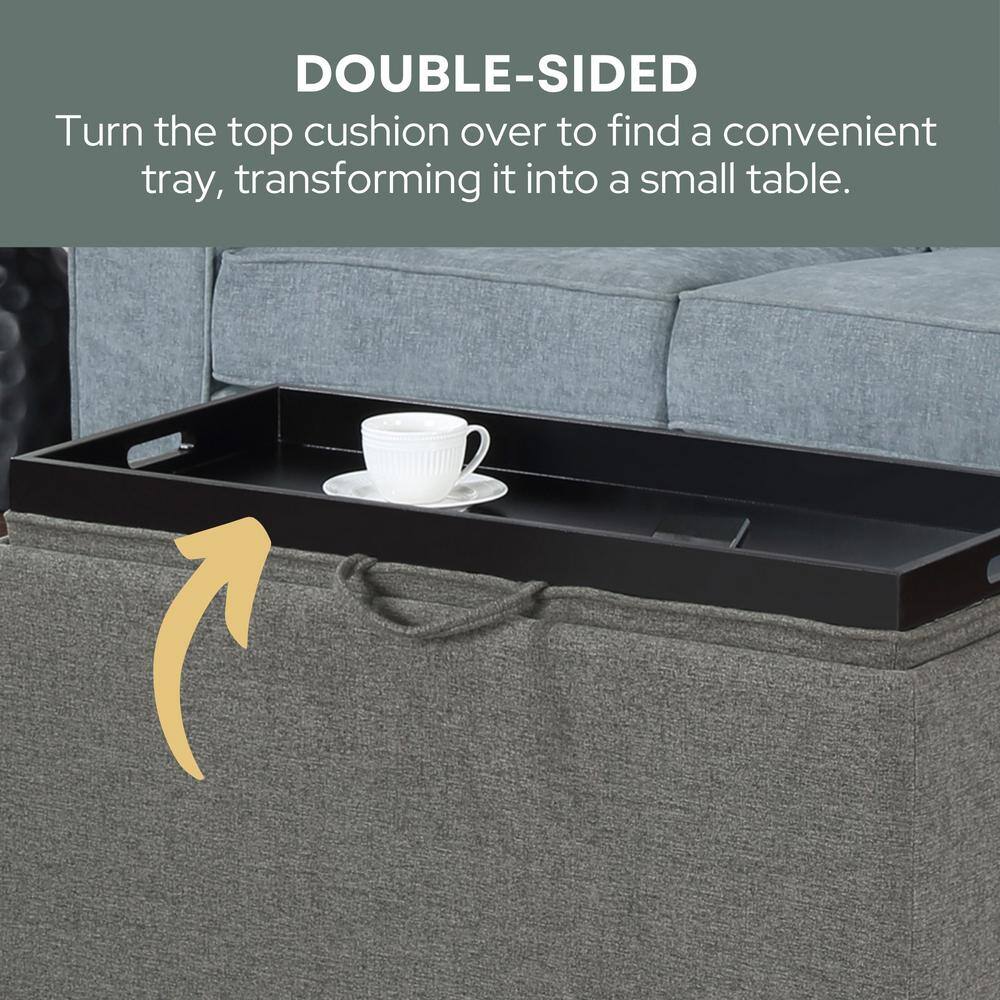 Elegant Gray Storage Bench with Reversible Tray and Side Ottomans