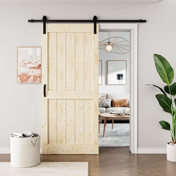 ARK DESIGN 36 in. x 84 in. Paneled H Shape Solid Core Unfinished Pine Wood Sliding Barn Door Slab with Hardware Kit