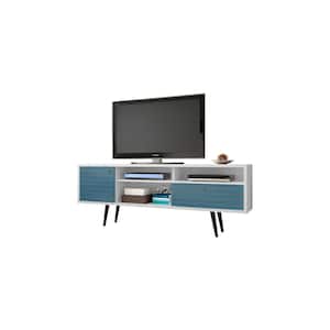 Liberty 71 in. White and Aqua Blue Composite TV Stand with 1 Drawer Fits TVs Up to 65 in. with Storage Doors