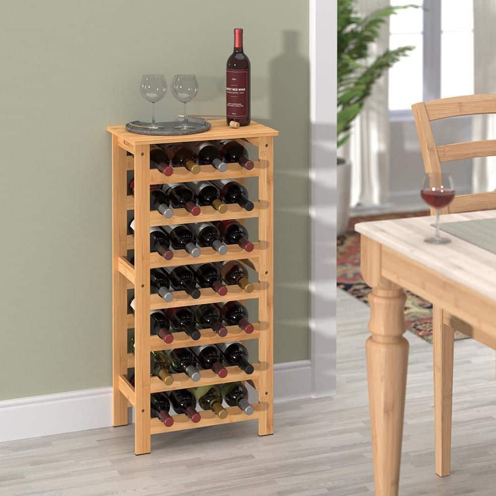 Natural Bamboo 28-Bottle Wine Rack with Top Shelf