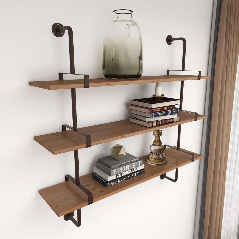 Elegant 38'' Brown Wood Floating Wall Shelf with Five Sections