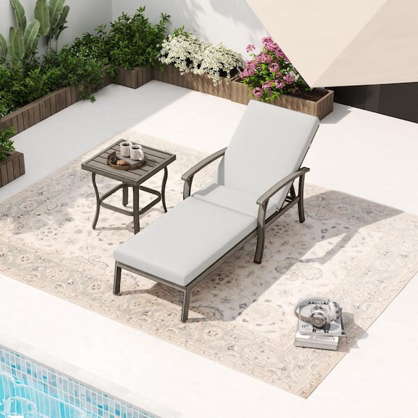 2-Piece Aluminum Outdoor Patio Chaise Lounge Set with Light Gray Cushions and Side Table