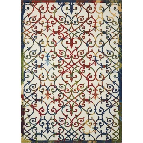 Nourison Home and Garden Multicolor 8 ft. x 11 ft. Floral Transitional Indoor/Outdoor Patio Area Rug