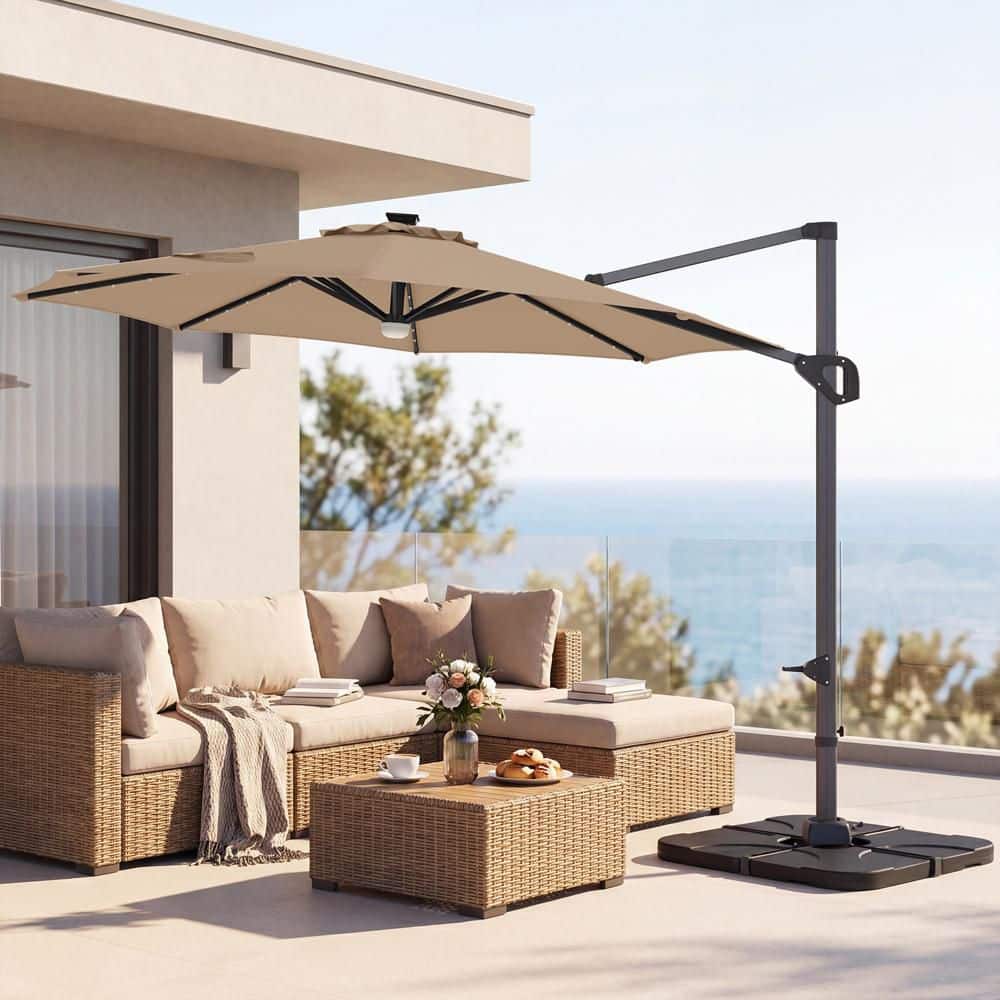 10 FT Cantilever Patio Umbrella with 35 Solar LED Lights 220 LBS Base 360° Rotation in Tan + Black price history on PriceWatchPro
