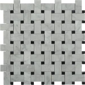 Magnolia Weave White Carrera 3/4 in. x 2 in. with Black Dot 1/2 in. x 1/2 in. Marble Floor and Wall Tile