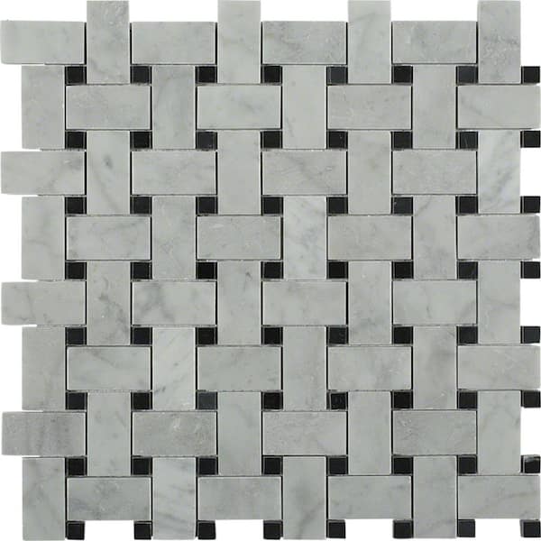 Ivy Hill Tile Magnolia Weave White Carrera 3/4 in. x 2 in. with Black Dot 1/2 in. x 1/2 in. Marble Floor and Wall Tile
