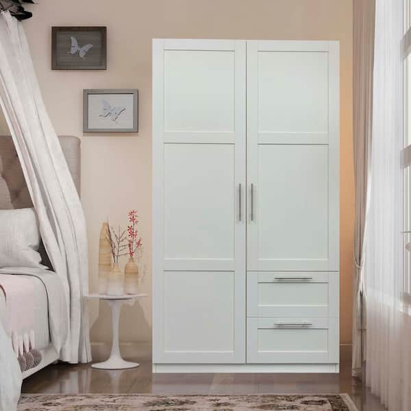 39 in. W x 19 in. D x 71 in. H White Linen Cabinet, High Wardrobe, with 2 Doors and 2 Drawers, Bathroom/Living/Kitchen