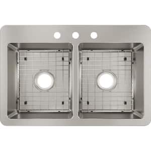 Avenue Drop-in/Undermount Stainless Steel 33 in. 50/50 Double Bowl Kitchen Sink with Bottom Grid