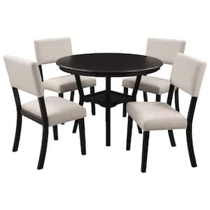5-Piece Wood Top Espresso Dining Table Set Round Table with Bottom Shelf, 4 Upholstered Chairs for Kitchen Dining Room