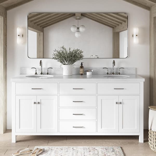 ARIEL Bristol 73 in. W x 22 in. D x 36 in . H Double Freestanding Bath Vanity in White with White Marble Top