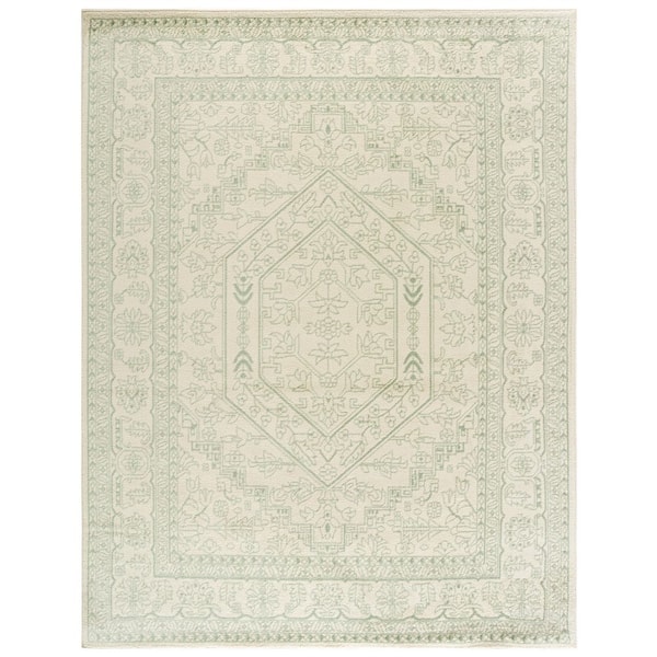 Adirondack 9 ft. x 12 ft. Sage/Ivory Border Medallion Area Rug
