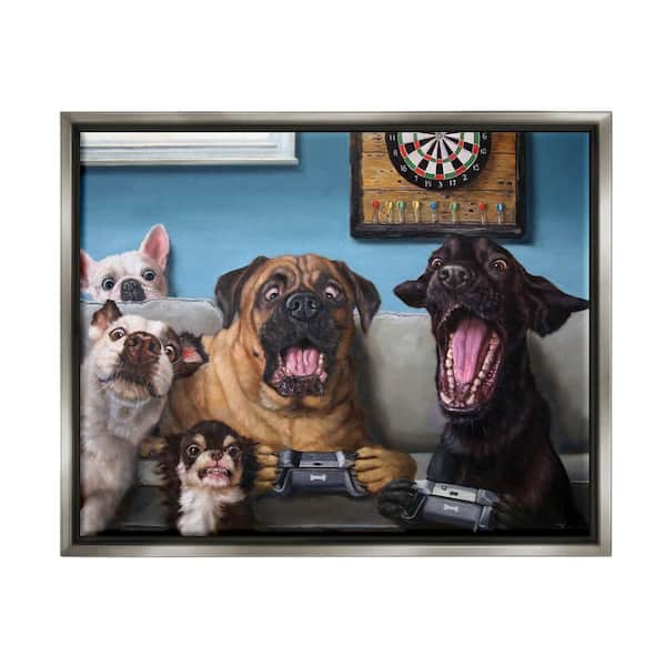 The Stupell Home Decor Collection Dogs Playing Video Games Livingroom Pet Portrait" by Lucia Heffernan Floater Frame Animal Wall Art Print 31 in. x 25 in.