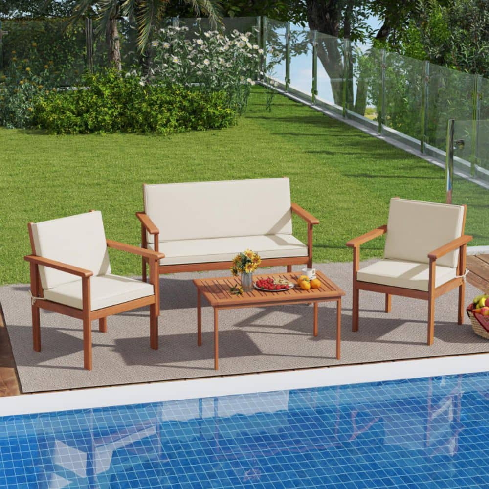 4-Piece Solid Acacia Wood Patio Conversation Set with Off White Cushions, Includes Table, Loveseat & 2 Chairs price history on PriceWatchPro