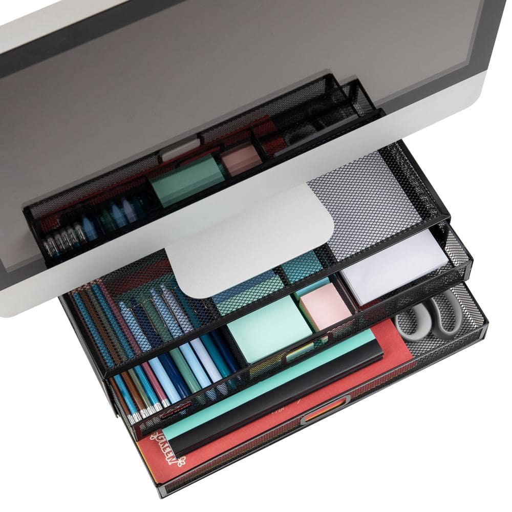 Black Metal Mesh Monitor Stand with Storage Drawers