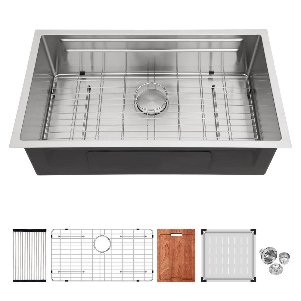 33 in. Undermount Single Bowl 16-Gauge Brushed Nickel Stainless Steel Kitchen Sink with Bottom Grid and Drying rack price history on PriceWatchPro