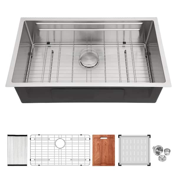 Modland 33 in. Undermount Single Bowl 16-Gauge Brushed Nickel Stainless Steel Kitchen Sink with Bottom Grid and Drying rack