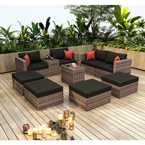 Brown Wicker 8 Seat 10 Pieces Steel Outdoor Patio Sectional Set with Black Cushions and Tempered Glass Top Coffee Table