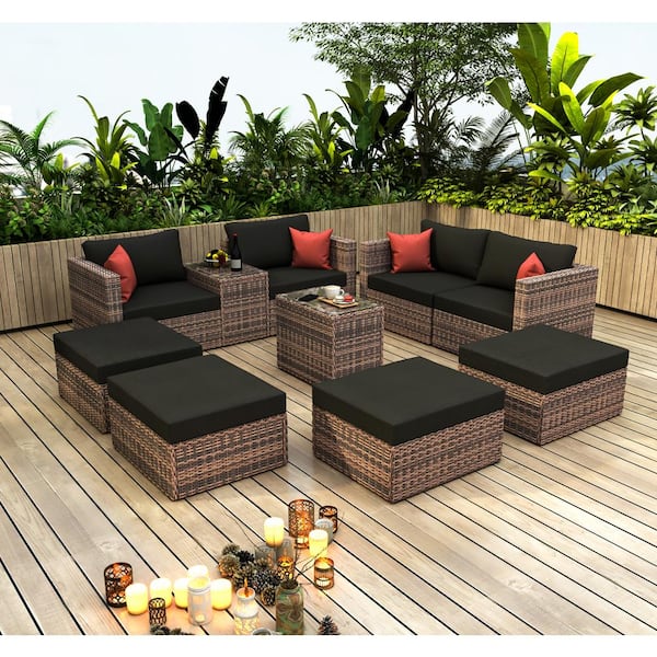 Tenleaf Brown Wicker 8 Seat 10 Pieces Steel Outdoor Patio Sectional Set with Black Cushions and Tempered Glass Top Coffee Table