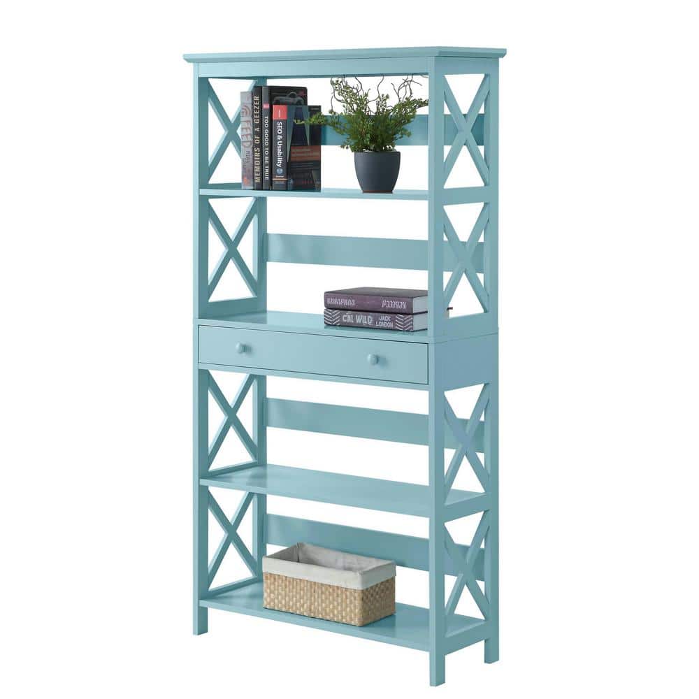 Sea Foam Blue 5-Tier Wooden Bookcase with Concealed Drawer
