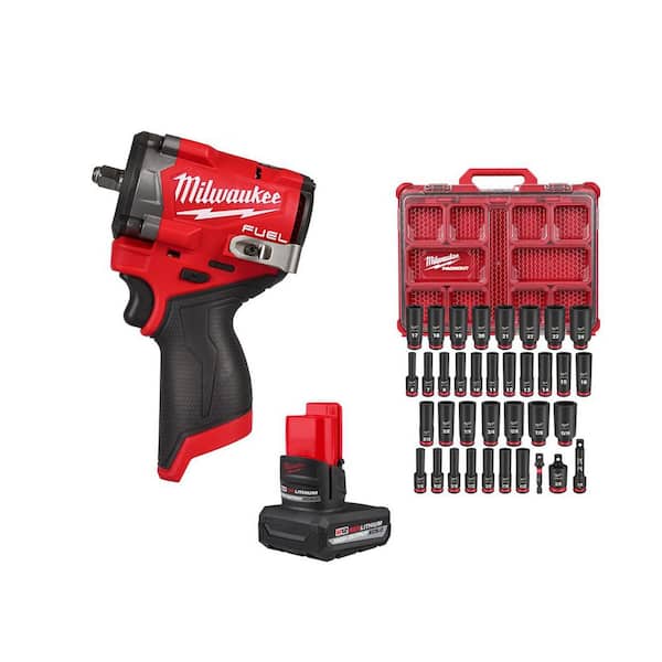 M12 FUEL 12V 3/8 in. Stubby Impact Wrench w/5.0Ah Battery & SHOCKWAVE PACKOUT Socket Set (36-Pc)