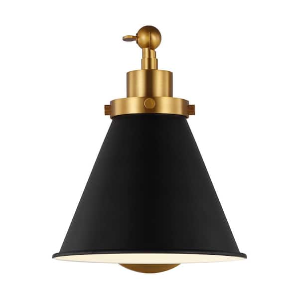 Generation Lighting Wellfleet 7.25 in. W 1-Light Midnight Black/Burnished Brass Single Arm Cone Task Wall Sconce with Steel Shade