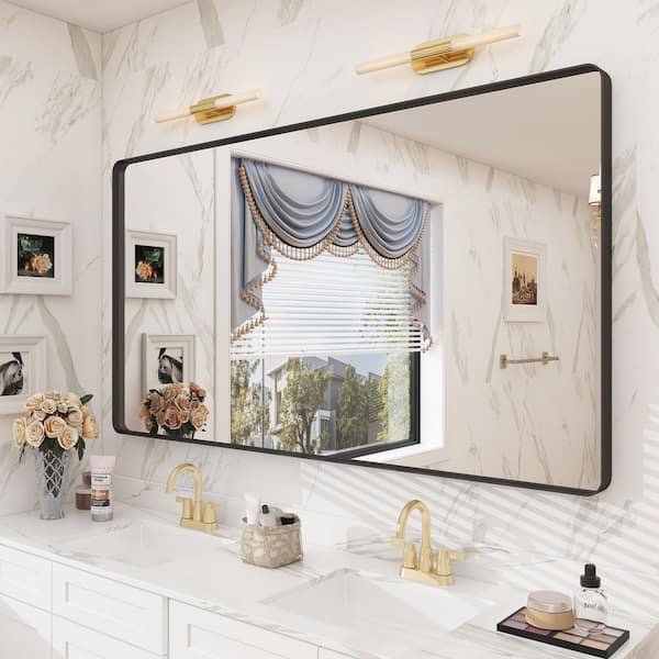 55 in. W x 30 in. H Rectangular Aluminum Alloy Frame Inner Deep Design and Tempered Glass Wall Mirror in Matte Black
