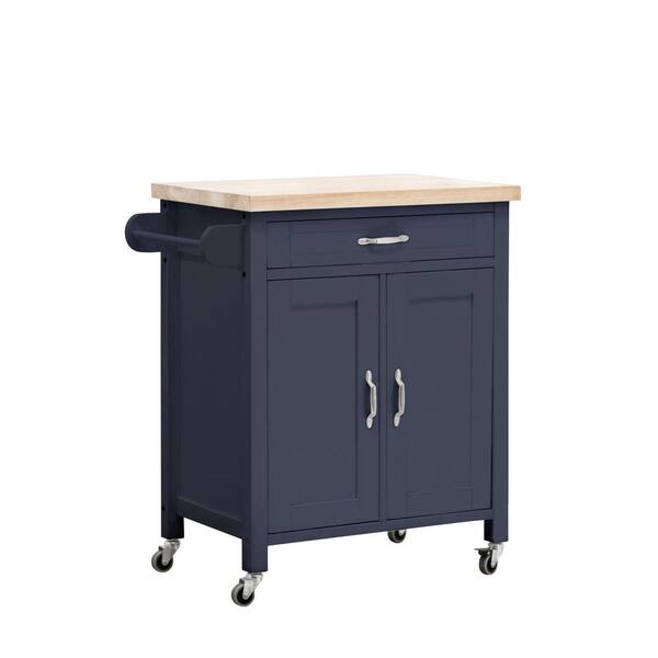 Sunjoy Alberta Navy Body with Wood Top Kitchen Cart with 2 Cabinets and 1 Drawer