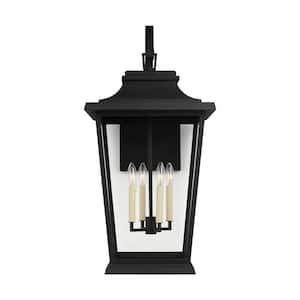 Warren Extra Large 16 in. W 4-Light Textured Black Outdoor Wall Mount Lantern with Clear Glass Panels