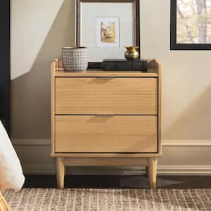 2-Drawer Natural Pine Solid Wood Mid-Century Modern Tray-Top Nightstand