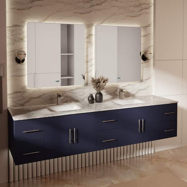 Geneva 84 in. W x 22 in. D Navy Blue Double Bath Vanity and Carrara Marble Top