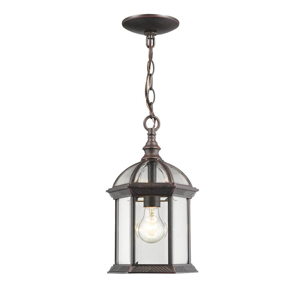 1-Light Rust Outdoor Pendant Light with Clear Beveled Glass Shade