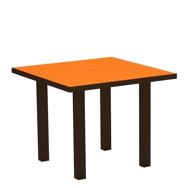 POLYWOOD Euro Textured Bronze 36 in. Square Patio Dining Table with Tangerine Top