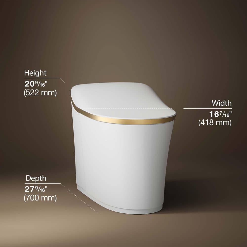 White and Moderne Brushed Brass High Efficiency Dual Flush Elongated Toilet