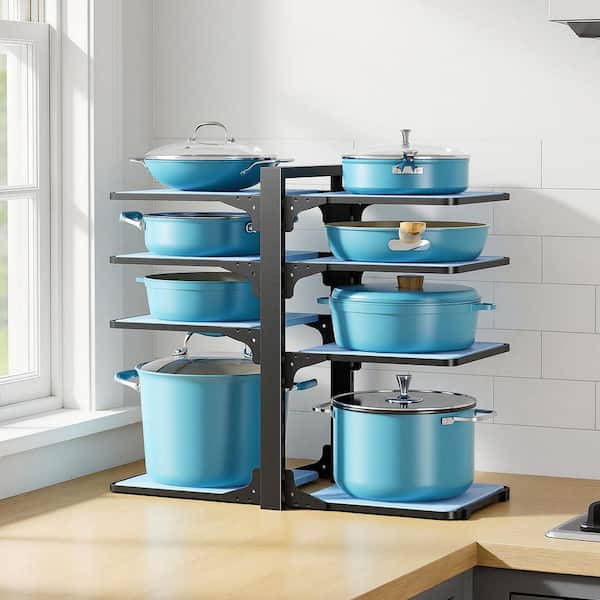 Black Adjustable 8-Tier Pan Organizer Rack Pot Rack Non-Slip Heavy Duty Pot and Pan Organizer for Cabinet Storage