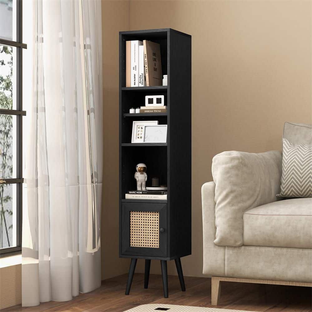 Black 54 in. Slim Tall Rattan Storage Cabinet Boho Accent Bookshelf with 12-Shelves Adjustable and Solid Wood Legs price history on PriceWatchPro
