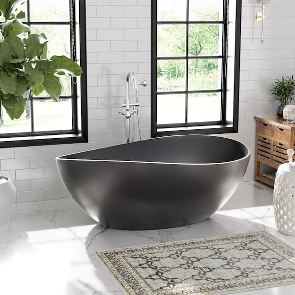 63 in. x 37 in. Solid Surface Stone Resin Freestanding Soaking Bathtub with Center Drain, Drainer, Hose in Matte Black
