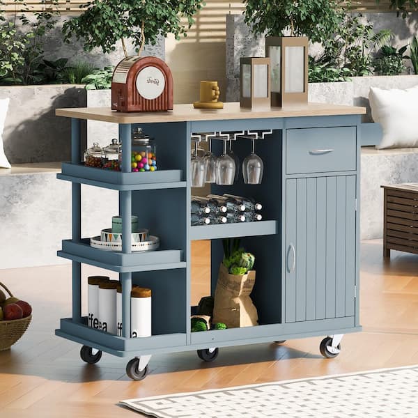 FAMYYT Multipurpose Blue Rubber Wood Tabletop 40 in. Kitchen Island with Adjustable Storage Shelves and Wine Rack