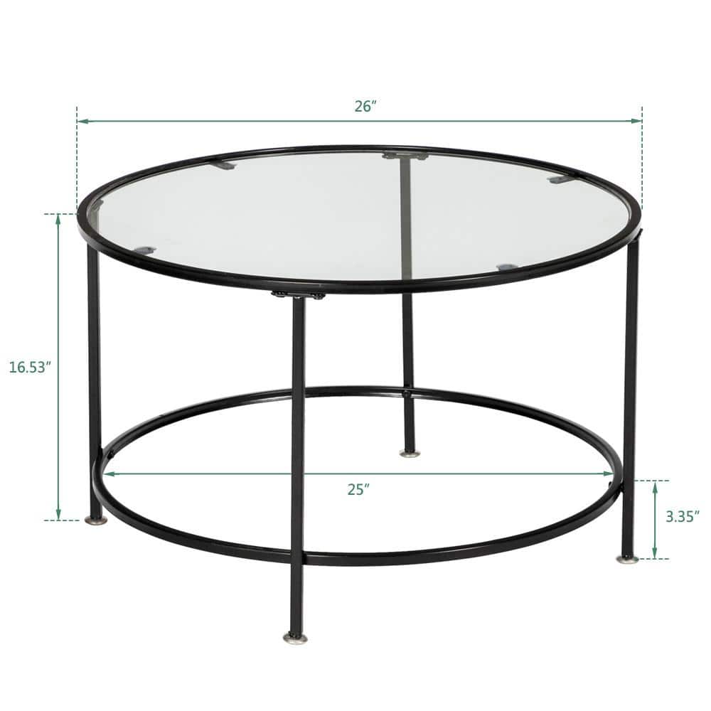 26" Round Tempered Glass Coffee Table with Black Metal Frame