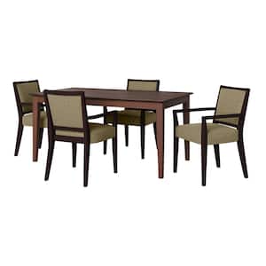Anya 5-Piece Smart Top Walnut Dining Table & Upholstered Arm Chairs in Jutelike Tan Woven